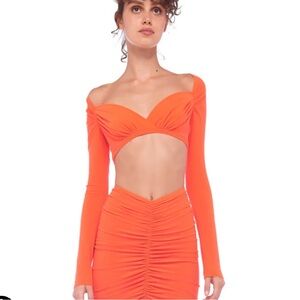 Norma Kamali Cropped Sweetheart Long Sleeve Orange Top Size XS